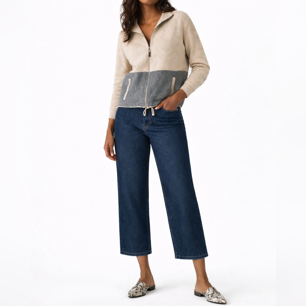 J.CREW Merino Wool Colorblock Zip Cardigan | M | Oatmeal & Gray | Scandinavian